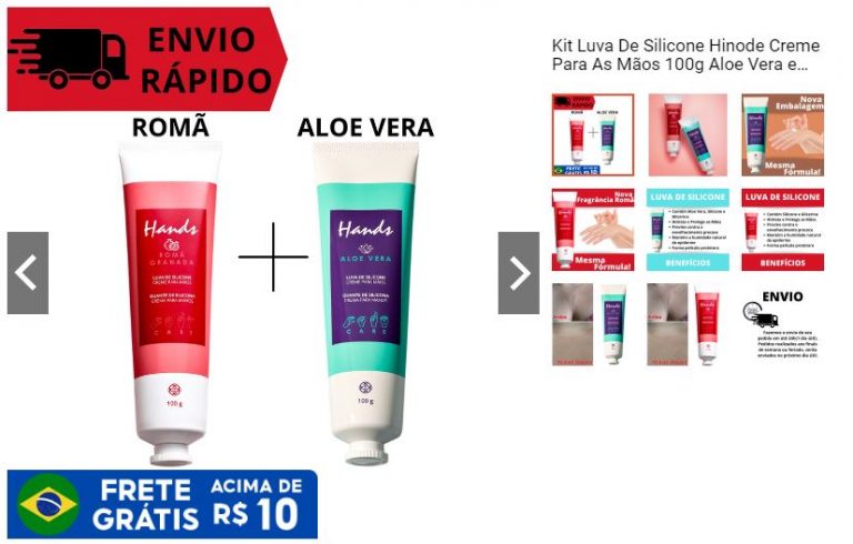 Kit Luva De Silicone Hinode Creme Para As Mãos 100g Aloe Vera e Romã